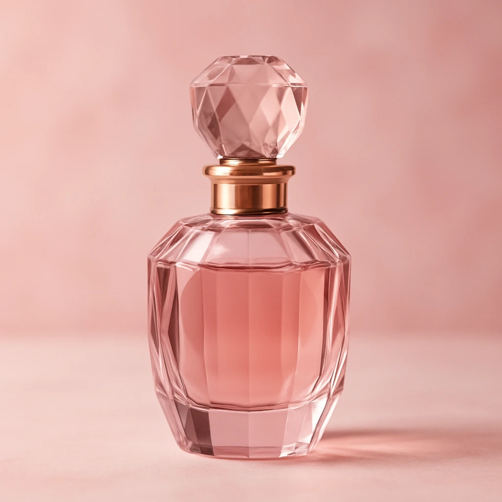 aesthetic pink perfume bottle, faceted elegant glass, subtle reflections, feminine vibe emoji