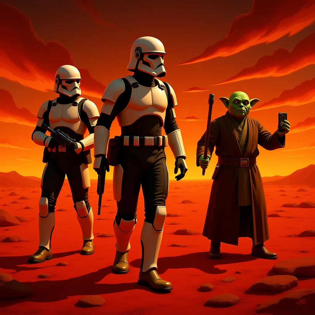 make digital poster art of Camera POV, Starwars stormtroopers vlogging selfie, he is walking on lava planet with yoda
 emoji