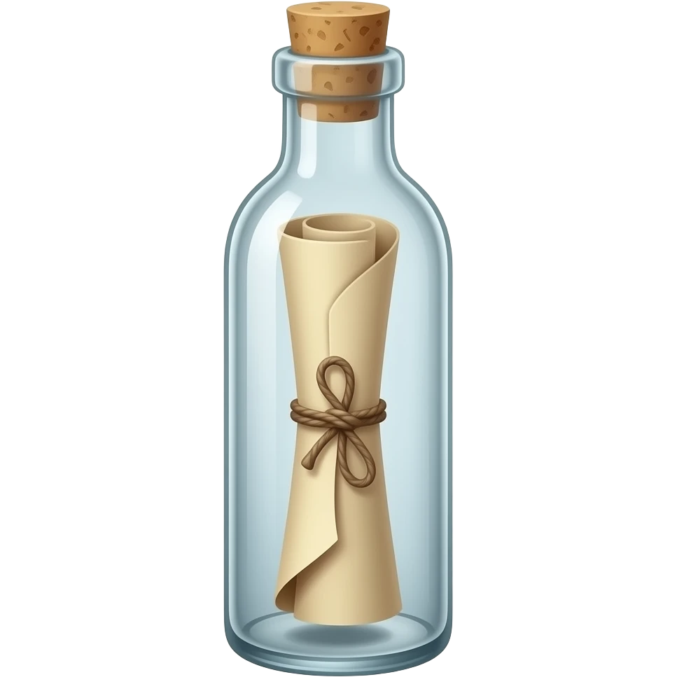 A tall, thin glass bottle containing a rolled-up message in an old piece of paper, with the message positioned exactly in the center of the bottle. The roll should look truly natural, with natural curves and a three-dimensional appearance. emoji