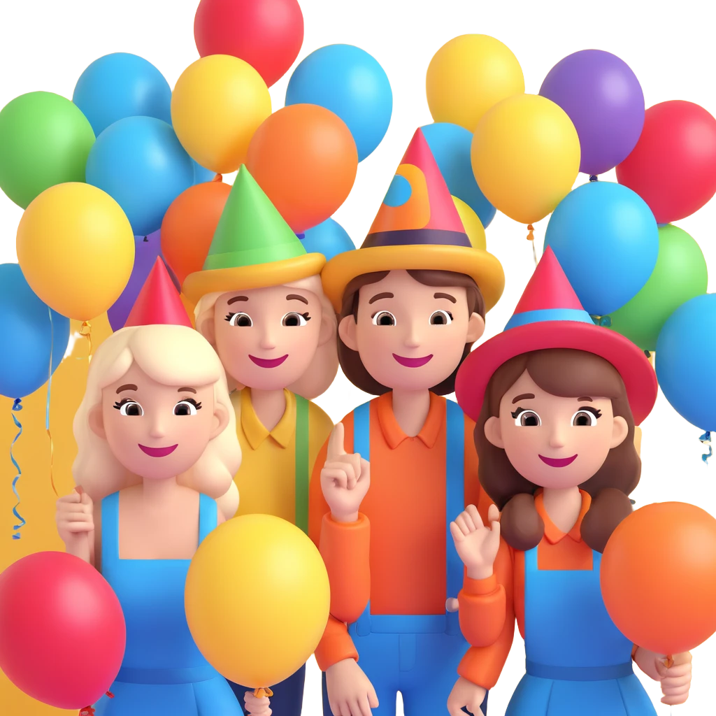 a crowd of partygoers with hats and balloons, smiling and having fun, 3D emoji style emoji