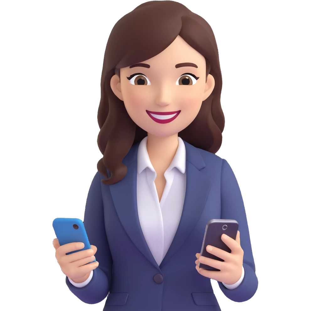 3D style, businesswoman standing, smiling while using her smartphone, modern office look emoji