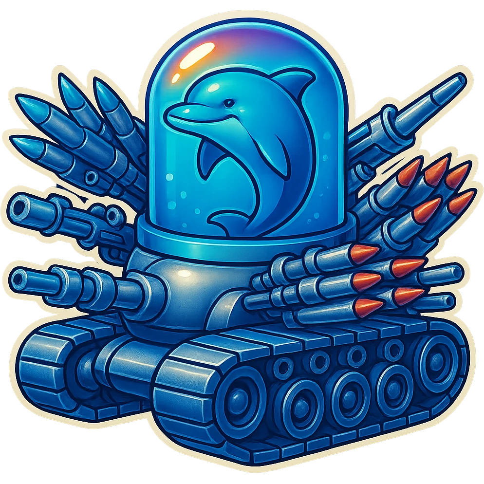 Edit the images to depict a menacing dolphin in a water tank mounted on tank treads with a lighter metallic look and less grainy texture. The water in the tank should be blue. Add many missiles and weapons all pointing forward. Maintain the retro sticker style with no border. emoji