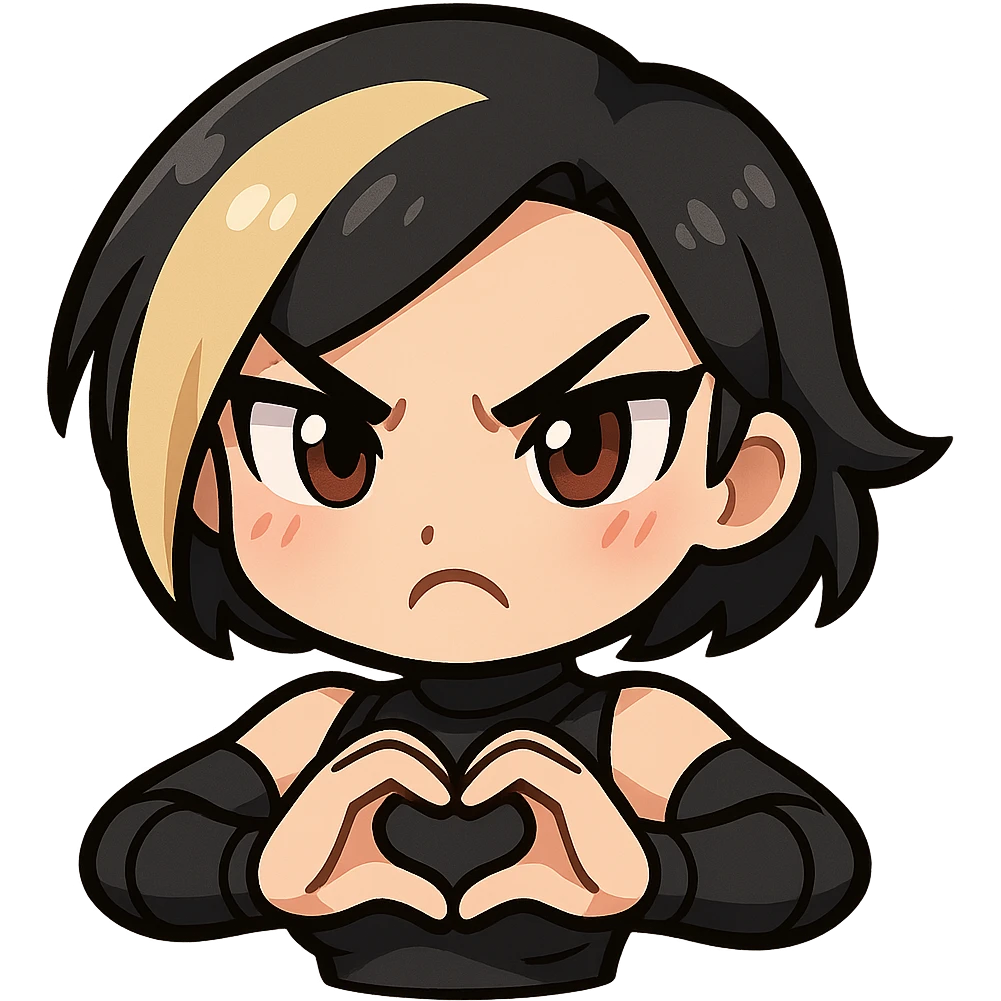 Sexy chibi ninja girl with black short hair and a blonde streak, only head and arms, making a heart gesture with her hands, bold outlines, transparent background, no mask, showing an angry emotion, sized for Twitch emoji use. emoji