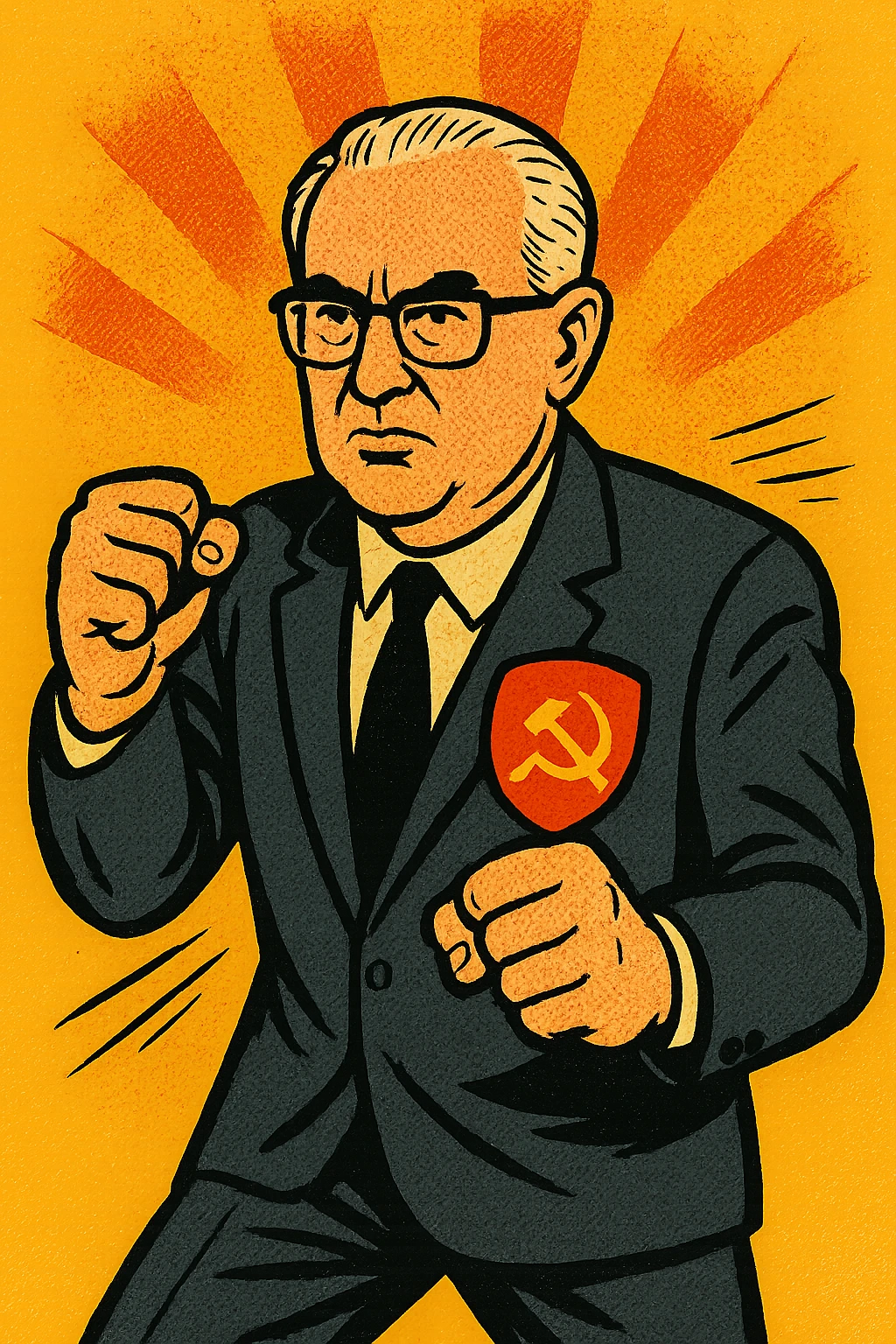 The full body of Soviet leader Yuri Andrapov looking determined with his fists out ready to fight. He has a large Communist flag badge on his chest emoji