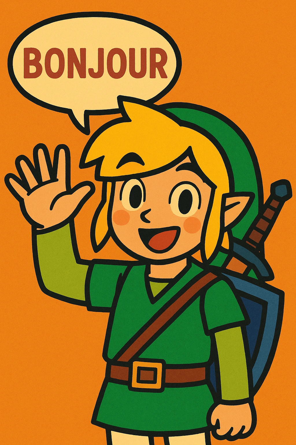 Link from The Legend of Zelda waving and saying bonjour, cheerful expression, vibrant colors, cartoon style emoji