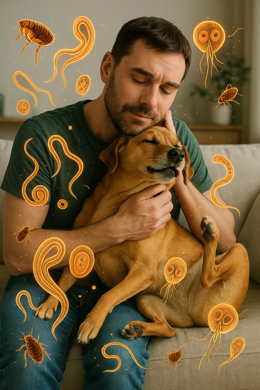 "Man cuddling with his beloved dog on couch, unaware that fleas, ticks, and worms are jumping from pet's fur onto his clothing, microscopic visualization showing roundworms, hookworms, and giardia transferring between species, expression of loving pet owner ignorant of health risks, living room becoming cross-contamination zone, pet's scratching and licking spreading parasites to human environment" in italiano emoji