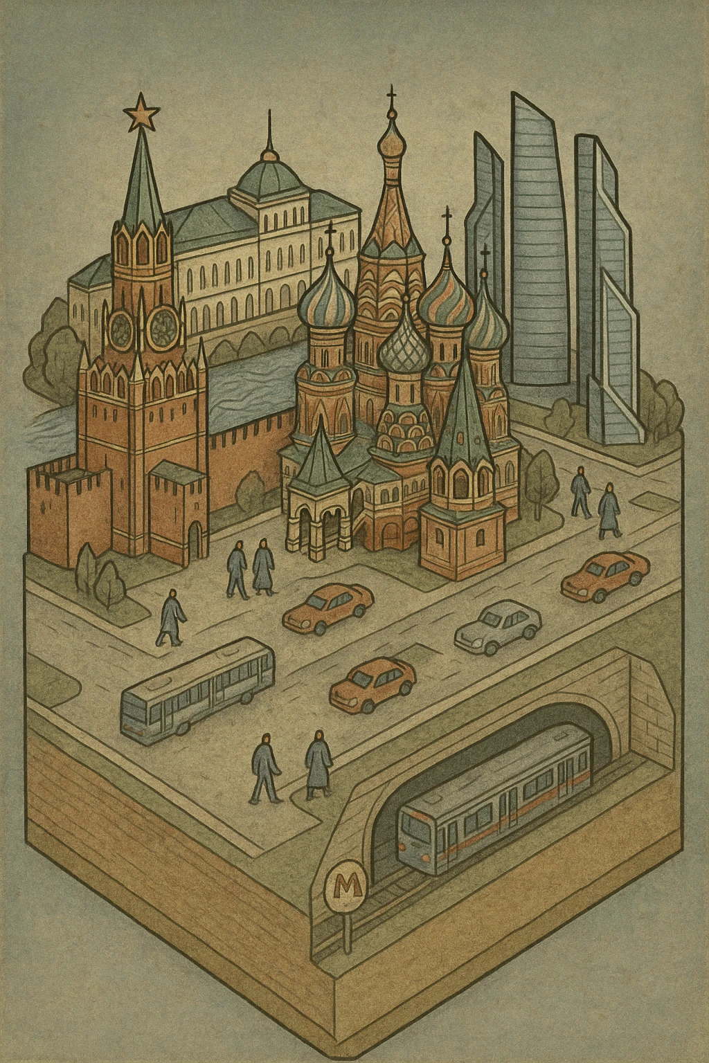 Изометричная миниатюрная 3D модель Москвы на подставке - фотореалистичный Кремль, собор Василия Блаженного, Башни Москва-Сити, аккуратная детализация, яркие цвета, мультяшный реализм, гуляют люди и современный автотранспорт и метро, компактная композиция, вид сверху в изометрии emoji