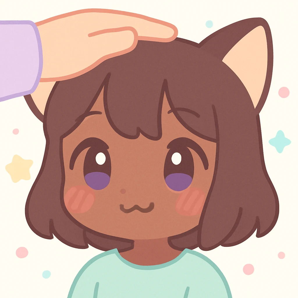 anime style cat girl, brown skin, blushing as she gets a head pat, cat ears visible, close-up portrait emoji