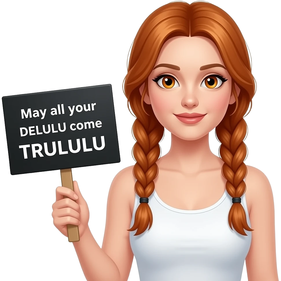 sexy girl with long ginger braids and ginger eyes wearing a white tanktop is holding a black sign with May all your DELULU come TRULULU written on it emoji