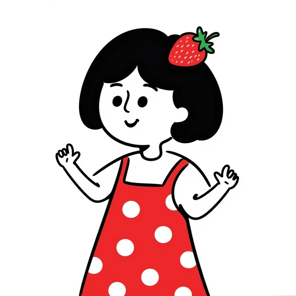 Little girl in red dress with white polka dots and strawberry on the right side of her head emoji