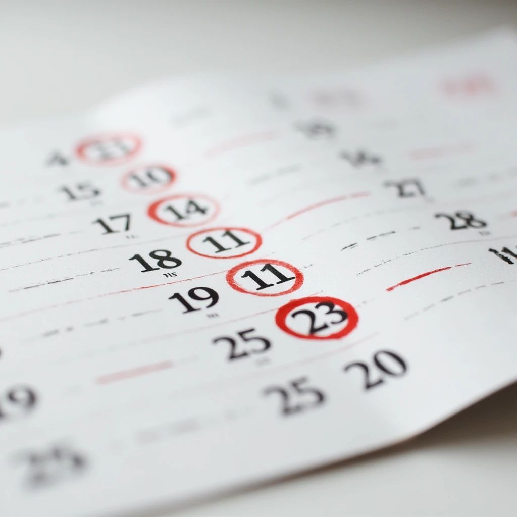 photorealistic calendar page in 4K with seven consecutive days circled in red, no background, very realistic appearance emoji