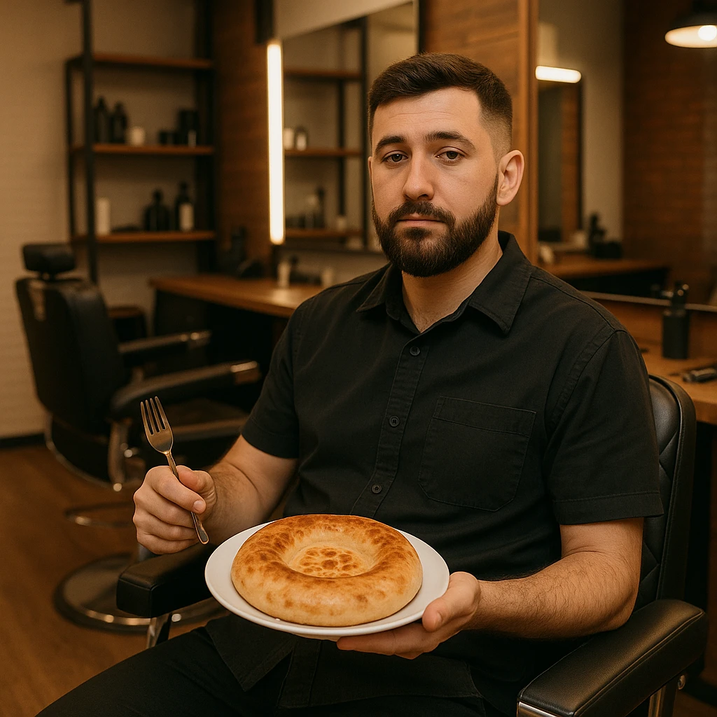 sartarosh xonada sal zamonaviy roq bulsin shunchaki tarelka v vilka ushlab utirsin tarelkada esa faqat uzbekcha non bulsin kayfiyati xam urtacha bulsin xursan bob ketmasin emoji