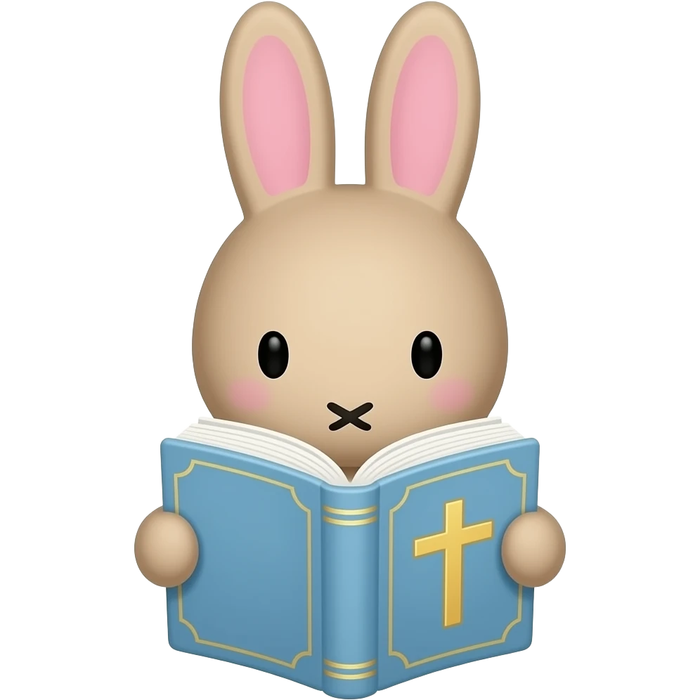 Aesthetic miffy girly reading the Bible with cross on the cover, pastel emoji