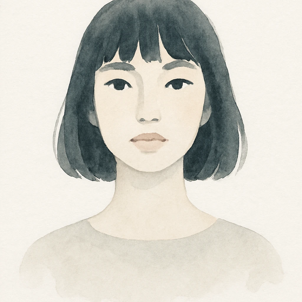 portrait of a girl with black shoulder-length hair, bangs, black almond-shaped eyes, full lips, and straight nose, watercolor style emoji