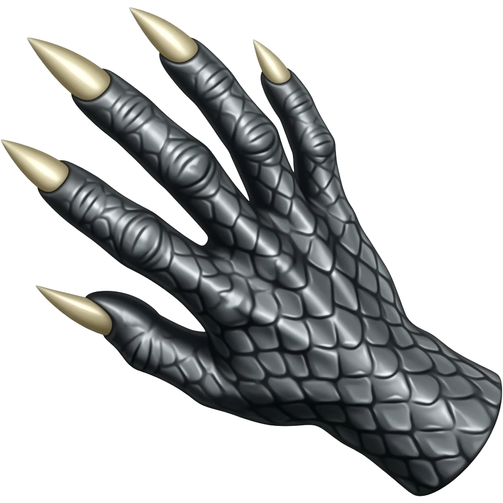 Hand with long sharp claws. "Dark silver" rough scaly skin with "dark ivory claws". Shift the perspective to a side profile to show the curvature and length of the claws more clearly. emoji