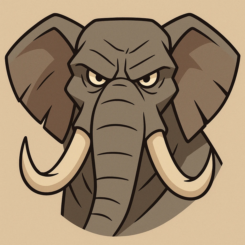 masculine elephant head, cartoon style, angular lines, powerful tusks, assertive look emoji