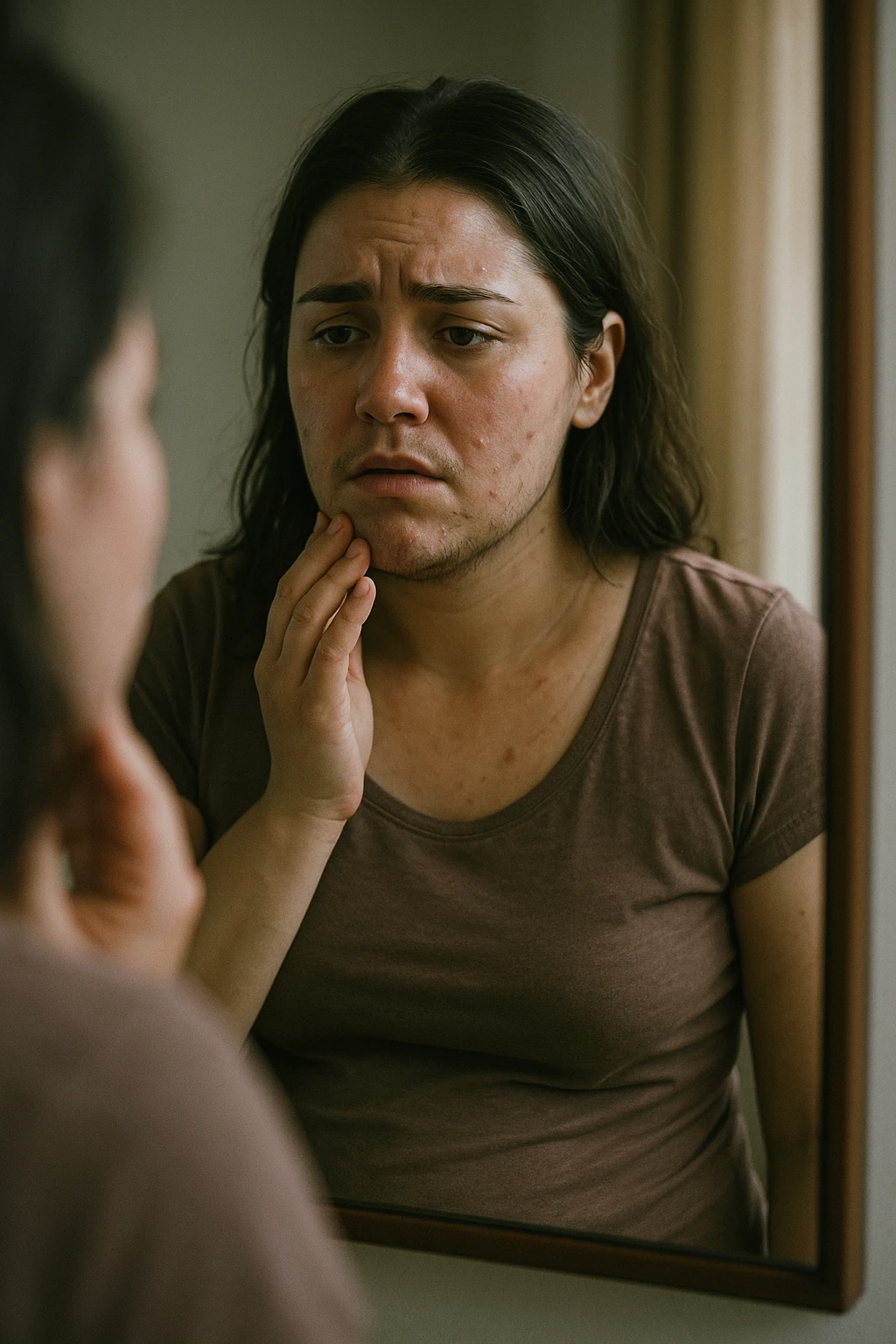 A realistic, cinematic portrait of a young woman in her late 20s standing in front of a mirror, visibly concerned while touching her chin and jawline where small dark facial hairs are noticeable, indicating hirsutism. Her skin appears oily, with a few cystic acne spots on her cheeks and jaw, and her dark hair is slightly greasy, indicating increased sebum production due to androgen excess. Her body shows mild abdominal bloating, and she looks at herself with a mix of frustration and sadness, capturing the emotional struggle linked to PCOS. The scene is set in a softly lit bedroom or bathroom with neutral daylight, with a clear mirror reflection to emphasize self-observation and discomfort. Style: realistic 35mm cinematic look, soft focus on her face and hair details, warm tones to keep it human and relatable emoji