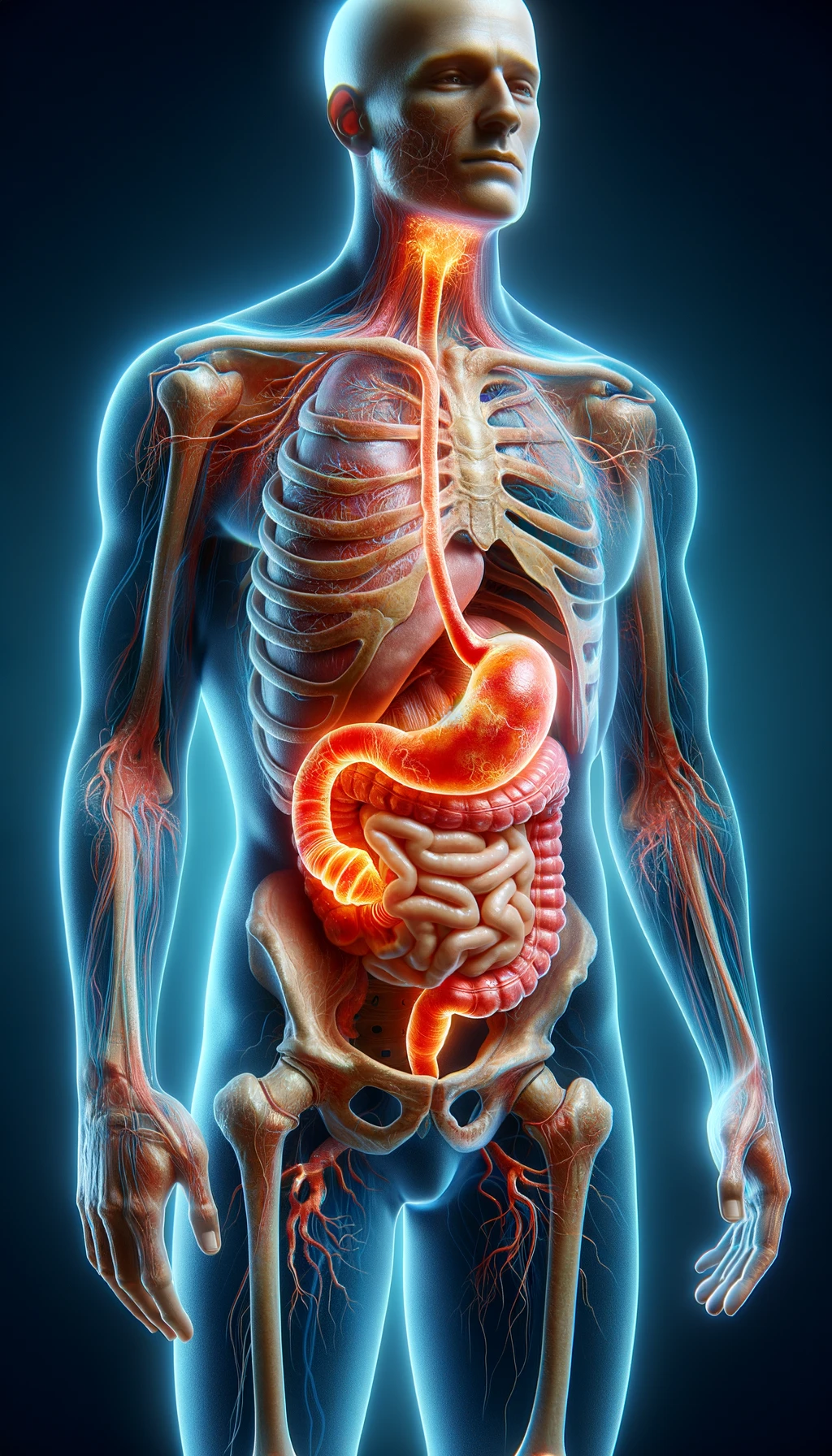 corpo umano anatomico con reflusso e stomaco infiammato, stomaco in evidenza, iperrealistico 4k emoji
