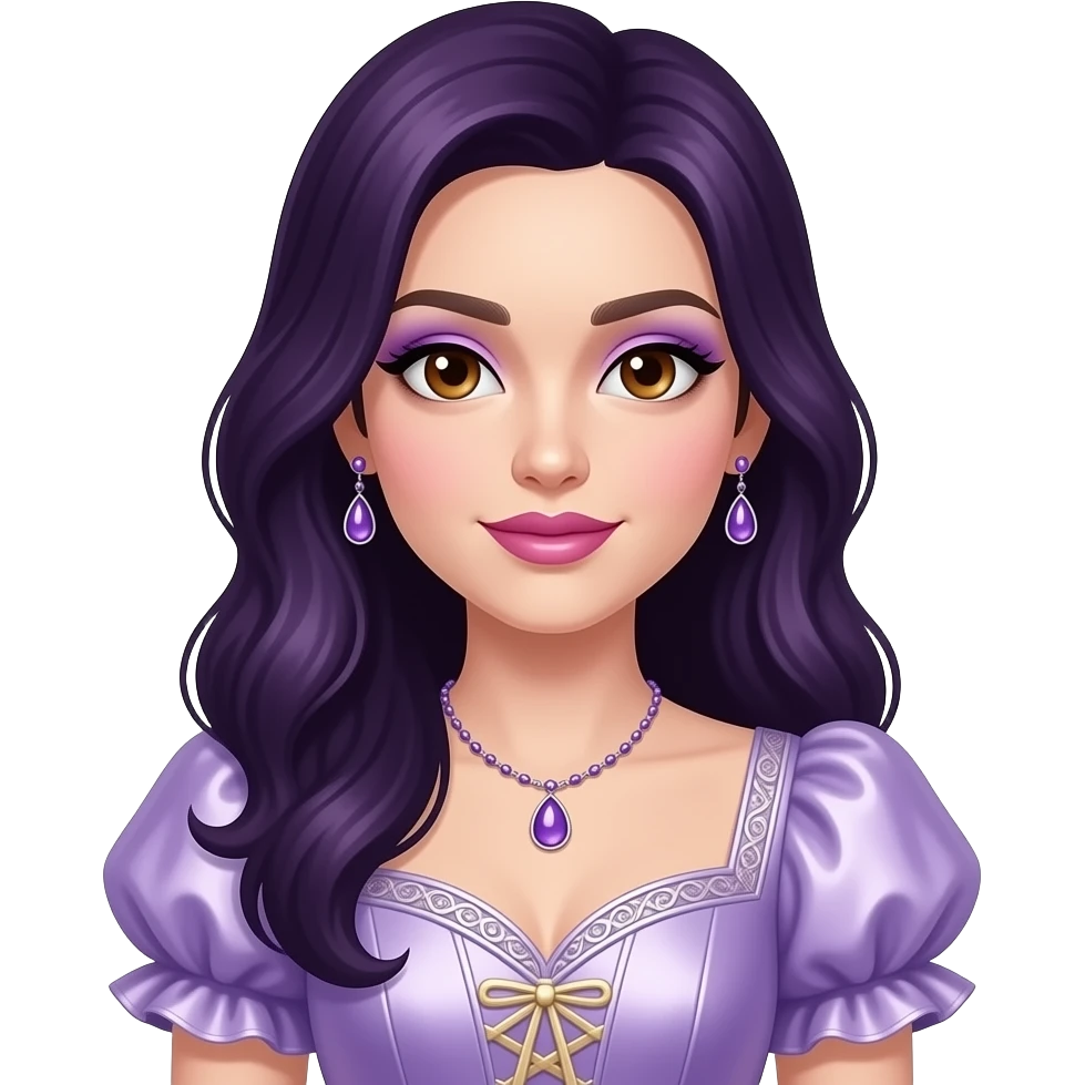 LaurenZside with hazel eyes, long dark purple hair, lavender eyeshadow, pink lipstick, lilac metallic queen anne dress, lilac necklace and earrings emoji
