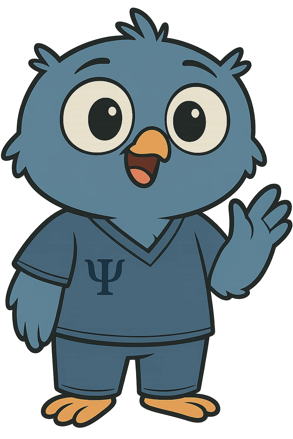 Make the baby owl wearing a bluish psychology scrub look more commercial and attractive to attract clients: add a big smile, bright and expressive eyes, friendly posture, and welcoming gesture, in a cartoon style, transparent background. emoji