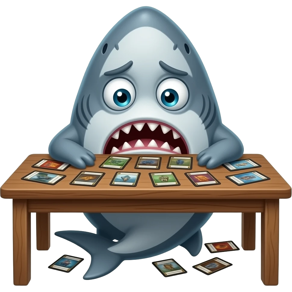 a disappointed shark flipping a table of Magic the Gathering cards emoji