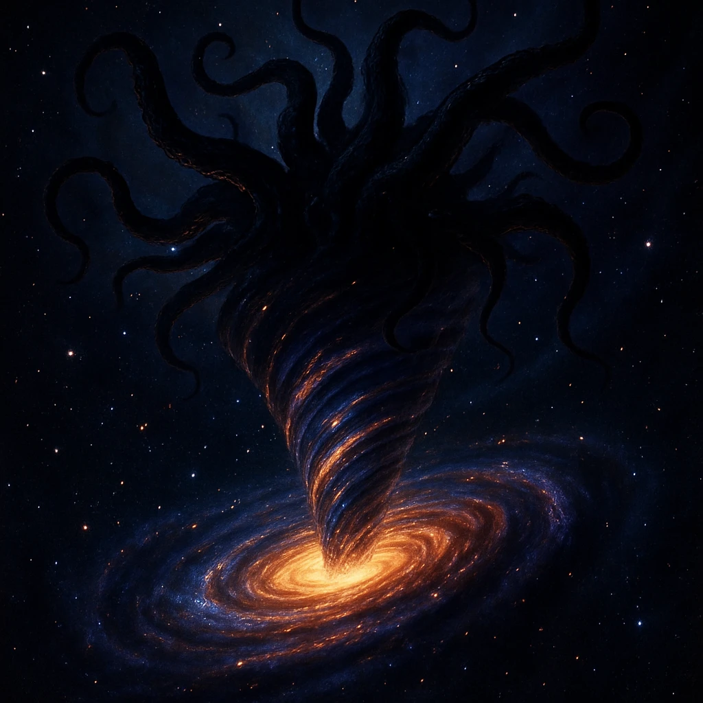 A galactic vortex shaped like a tornado, with dark, twisting tentacles of an ancient cosmic entity reaching out from the top, set against a starry background emoji