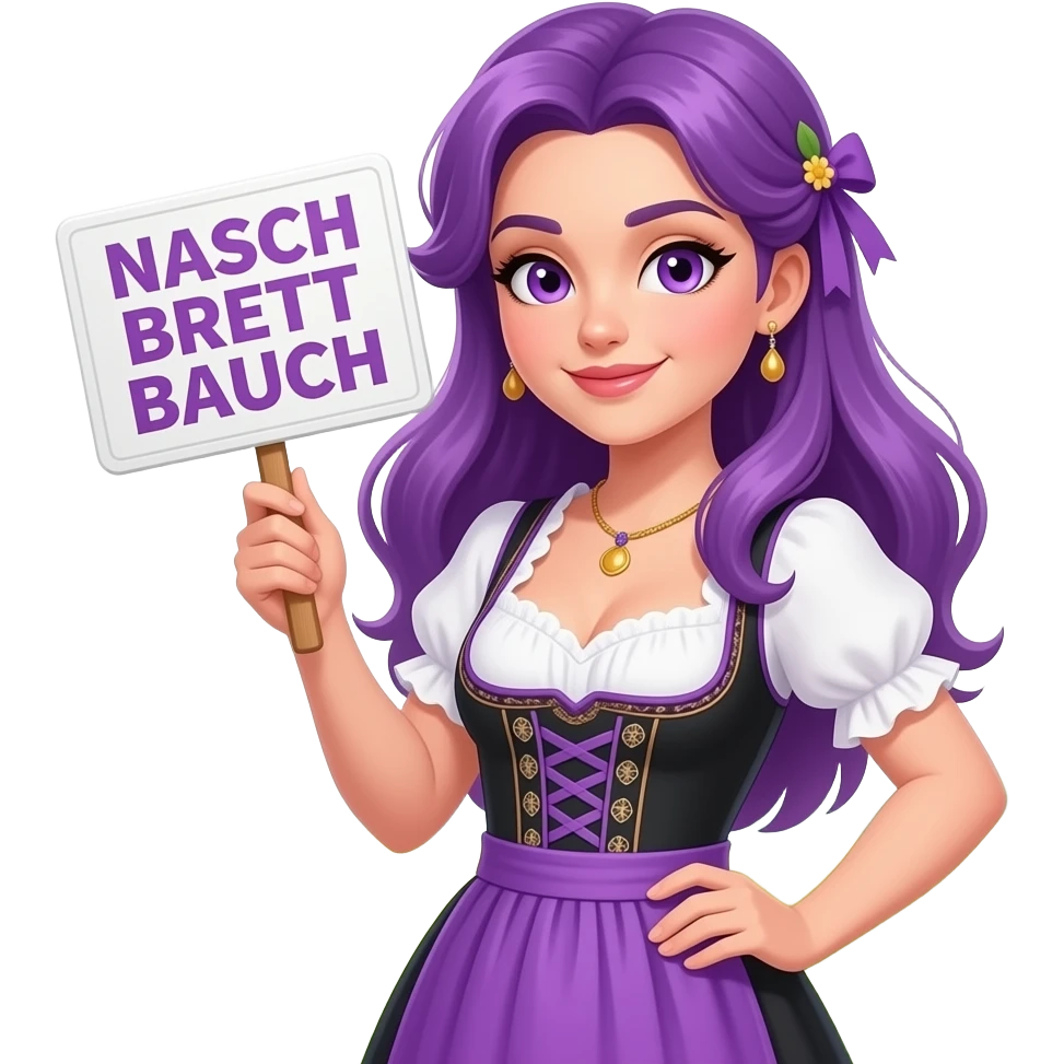 sexy girl with long purple hair and purple eyes wearing a dirndl holding a NASCH BRETT BAUCH sign emoji