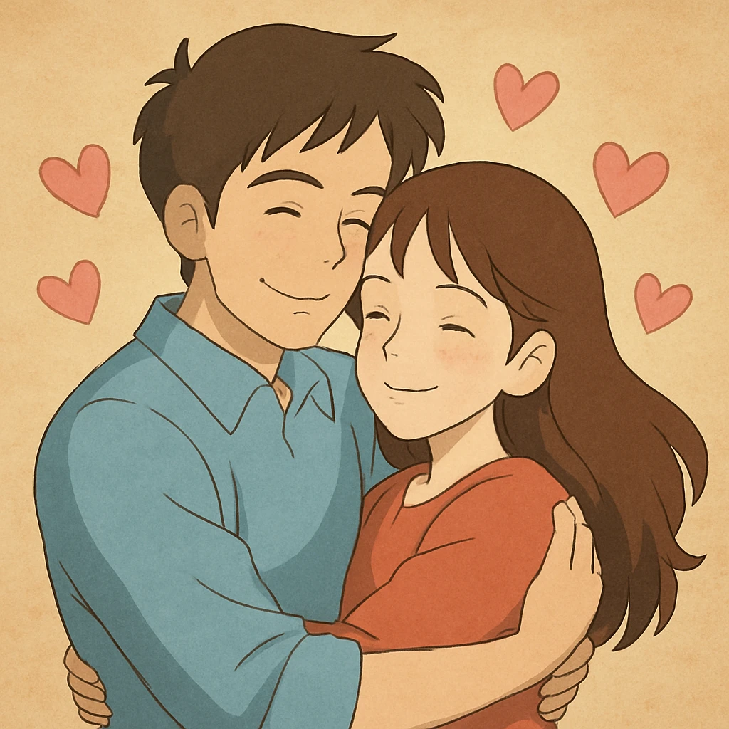 Transform this man and woman into a loving couple in Ghibli style, hugging with hearts around them emoji