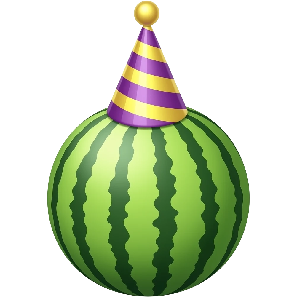round shape watermelon wear big party hat on the top of the head emoji
