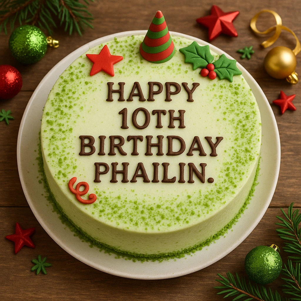 A round matcha white chocolate cake with green sprinkles, cake on a plate, festive decorations, clear and colorful, 'Happy 10th Birthday Phailin.' written in bold letters on the cake. emoji