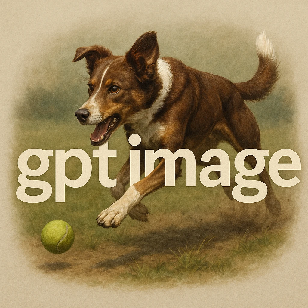  logo with text "gpt image" on the background of a dog chasing ball, realistic image emoji