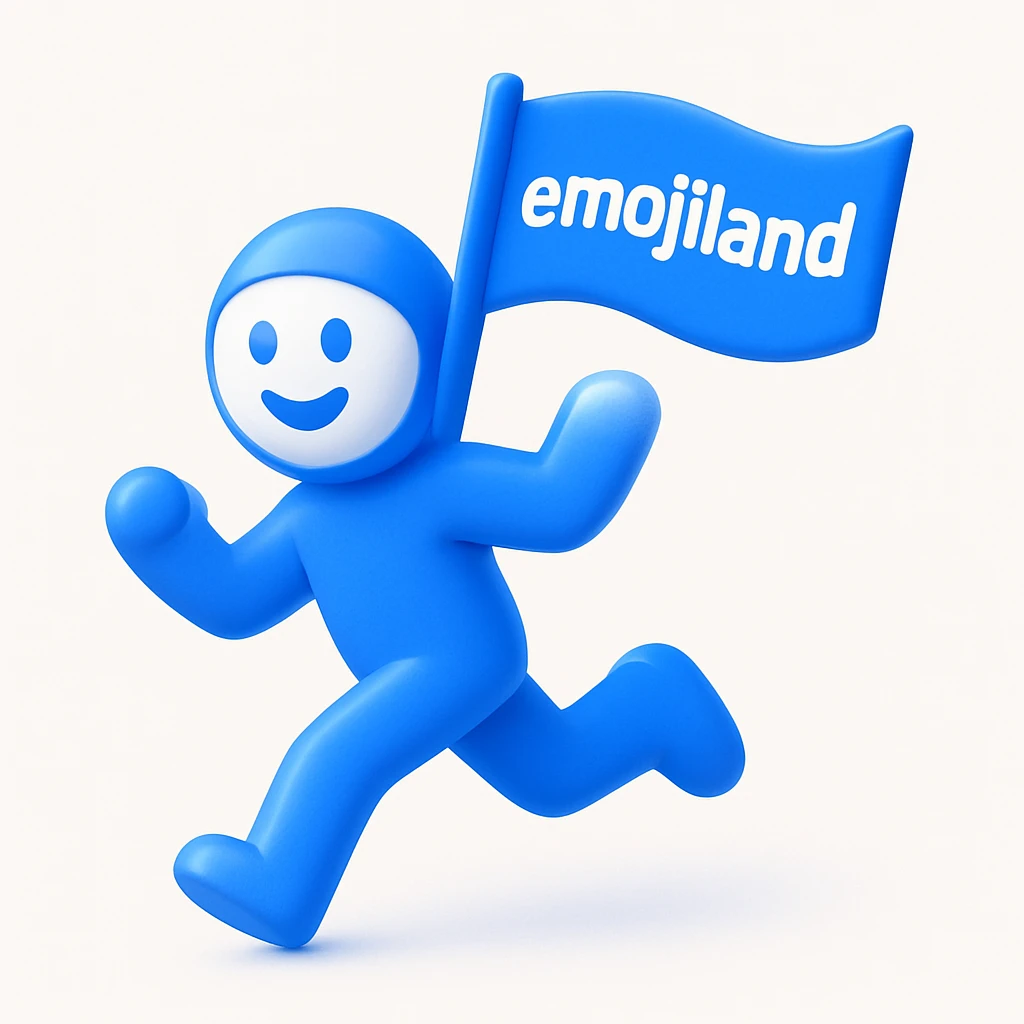 happy runner waving a flag that says 'emojiland' emoji