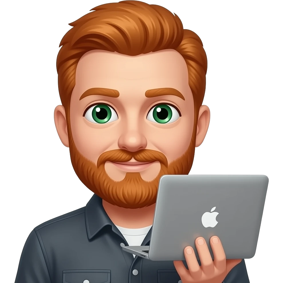 40 year old, Redheaded, beard male, green eyes, macbook pro emoji