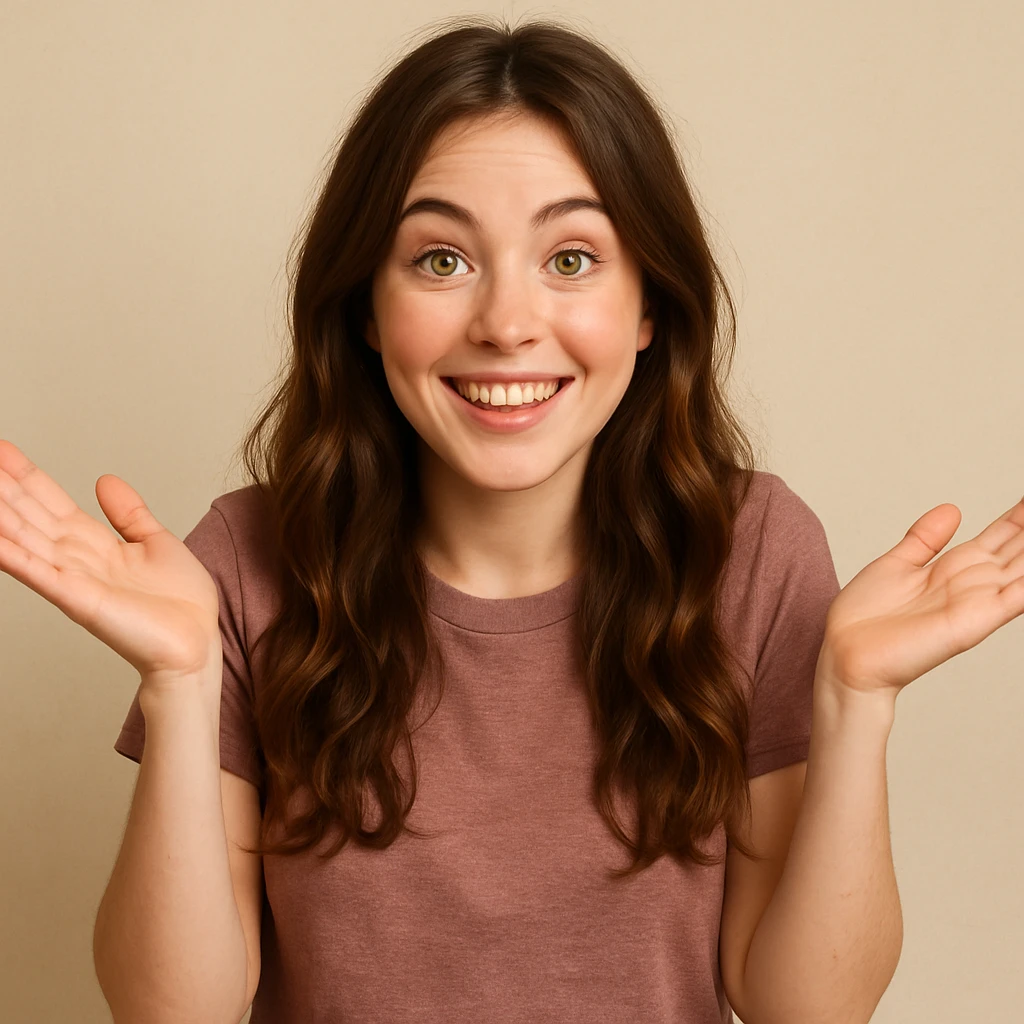 girl with long brown wavy hair, green eyes, shrugging, cheerful expression, upper body, simple background emoji