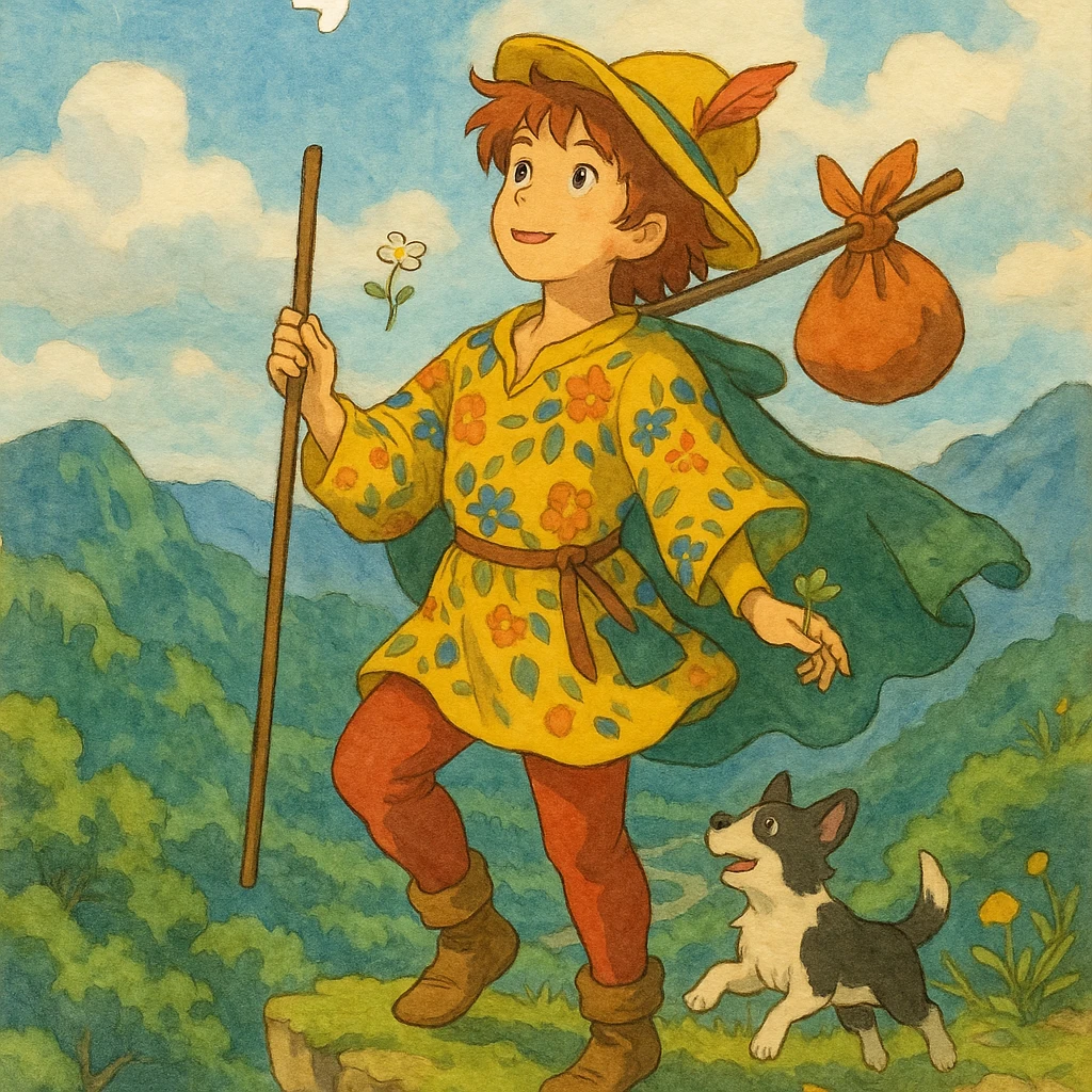 The Fool tarot card, detailed illustration, ghibli style, no text emoji