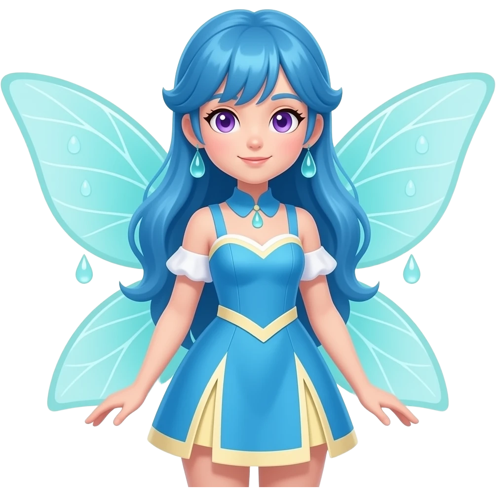 A female water fairy with a full body, blue hair violet eyes and wearing a blue outfit with white and cream yellow accents. (Pokémon style.) emoji
