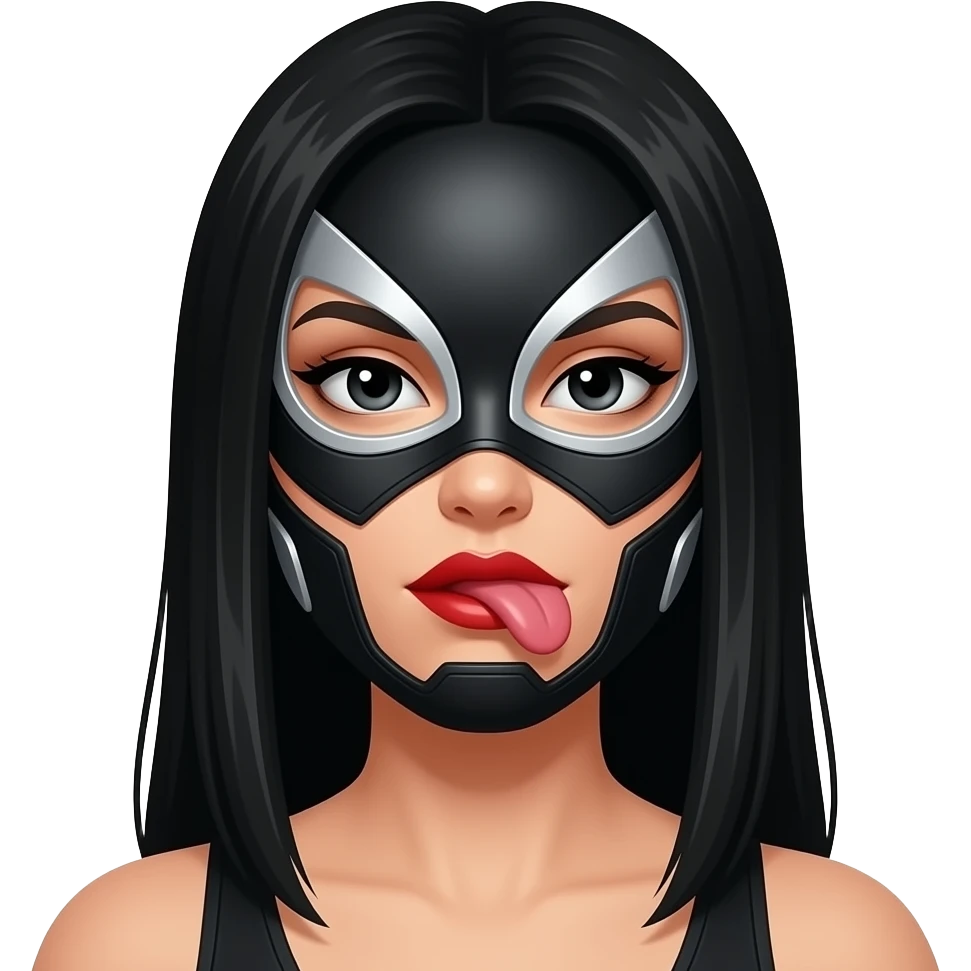 Asi como está solo que tenga cabello largo y lacio de color negro  y labios rojos y la mascara de luchador tipo ciborg negro con plateado, y ojos negros sin fleco y que no se vea el cuello y este sacando la lengua de lado emoji