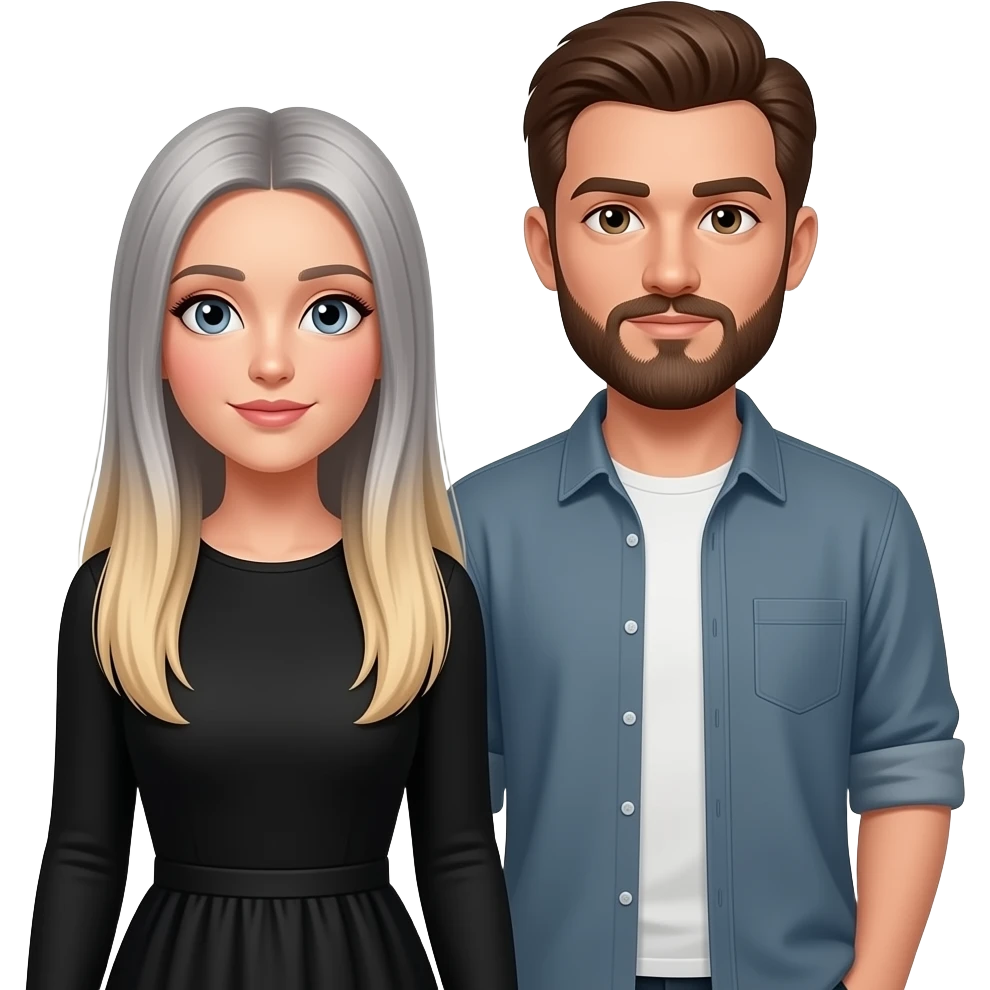 grey eyes woman, In long sleeves black dress, with extreme long very straight blond hair with ombré hair and her boyfriend, with long brown straight hair beard and brown eyes emoji