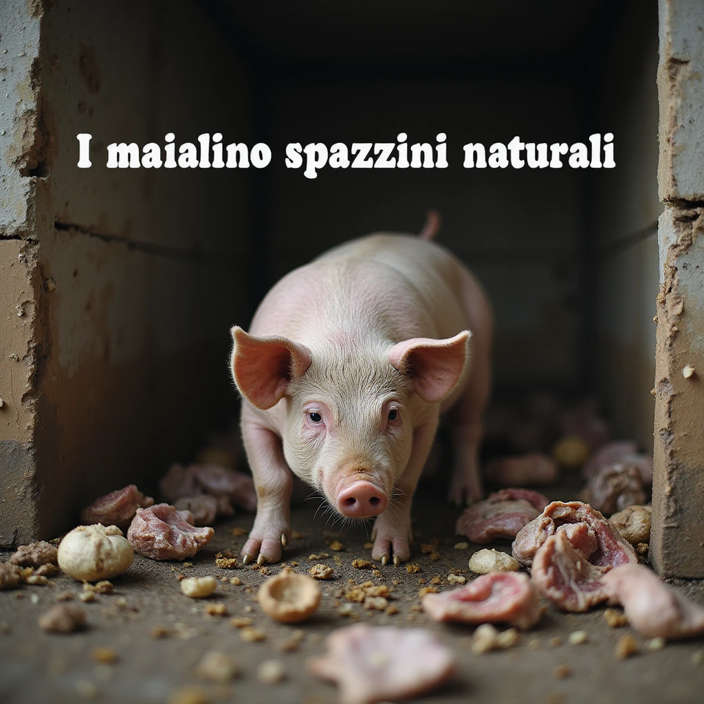 symbolic scene of a pig in a dirty pen, surrounded by leftovers, waste and feces, with Italian text 'I maiali sono spazzini naturali', 4K quality emoji