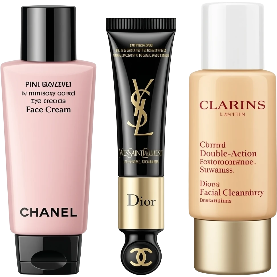 Chanel Pink Lotion, Yves Saint Laurent Eye Cream, Dior Face Cream, Clarins Double-Action Serum, and Chanel Facial Cleanser emoji
