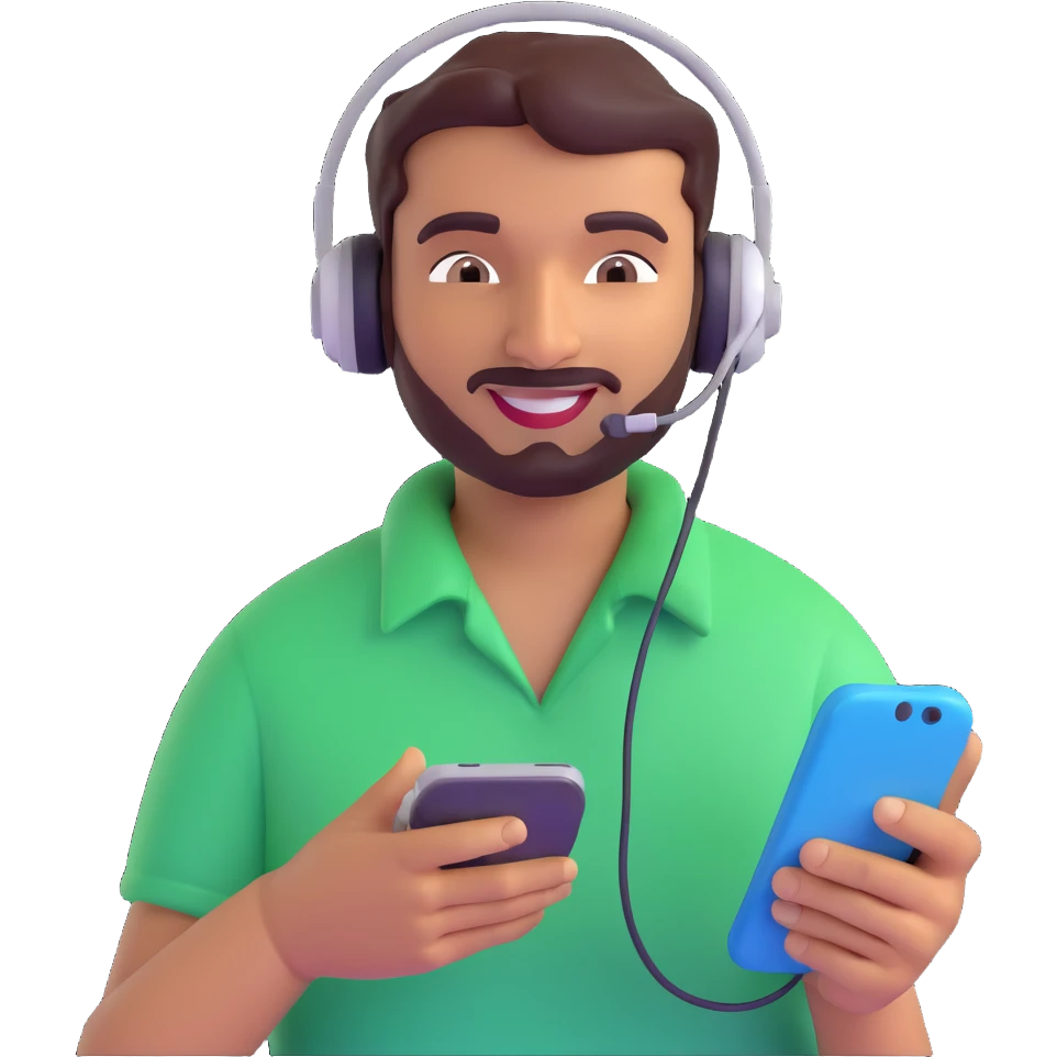 Indian man with a headset, holding a phone, smirking, simple background, 3D emoji style emoji