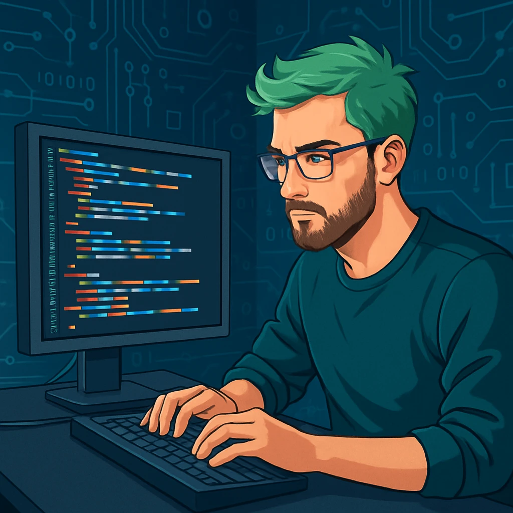 male software developer with green hair, coding on a desktop, techy background emoji