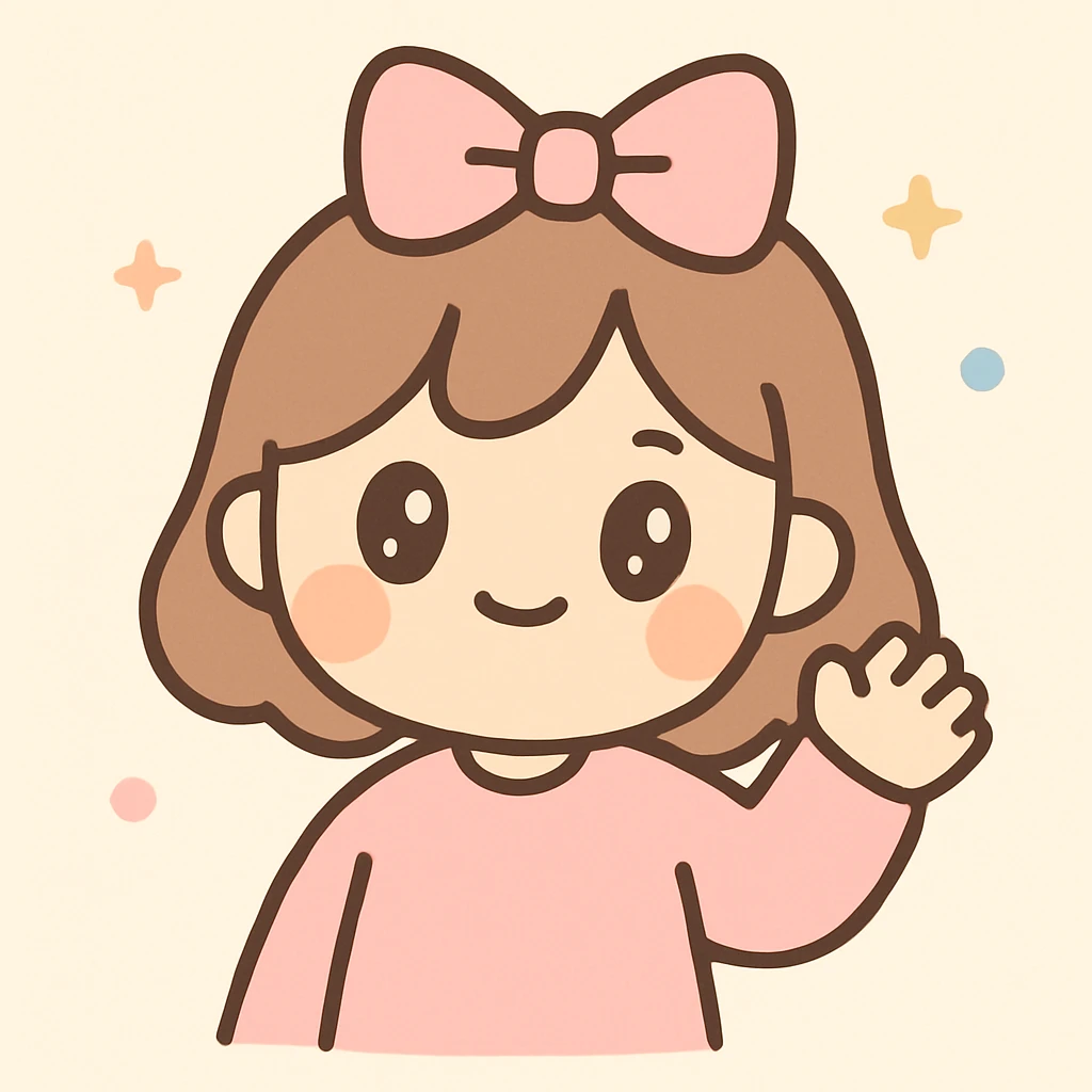 a smiling girl waving, pink sweatshirt, bow on her head, kawaii style emoji