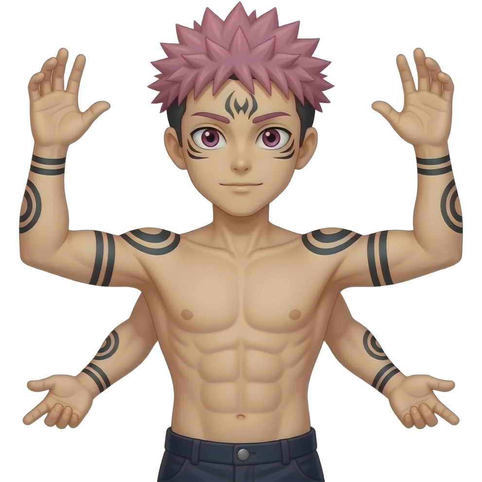 Sukuna the pink haired with also it has arm tattoos in circles on wrist and shoulders. Also no shirt and shredded abs4 arms and 4 eyes boy looks like yuji ITADORI but slicked back hair emoji