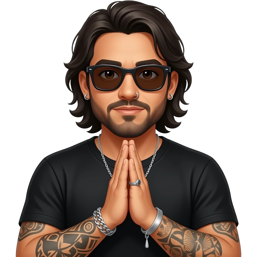 The handsome manly Latino podcast host with medium length hair, a long slightly graying beard and tattoos with his ears pierced 1 time each ear and a nose ring on the right side, dark brown eyes, wearing black, dark sunglasses, and jewelry, praying emoji