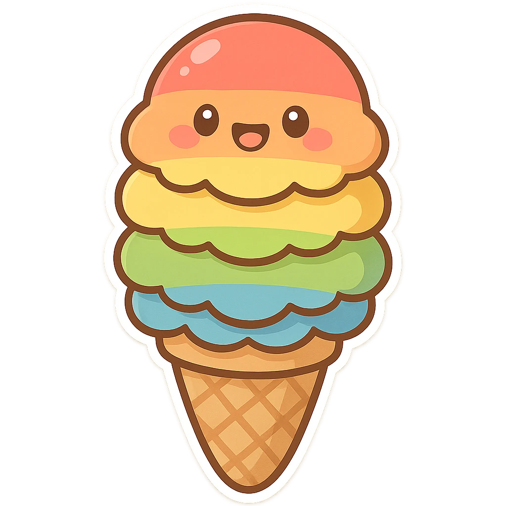 chibi sticker-style ice cream cone with rainbow scoops, pride, cute and exaggerated emoji
