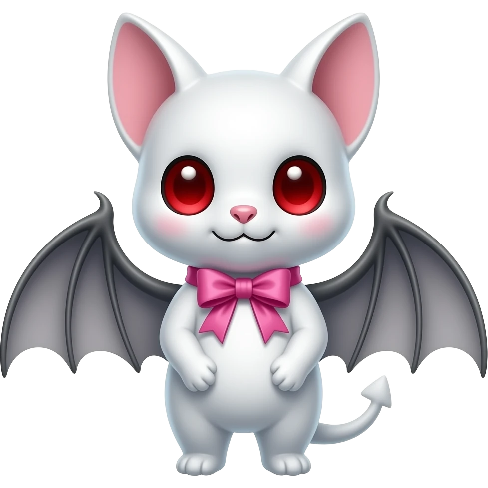 white bat cute, pink ribbon, red eyes emoji