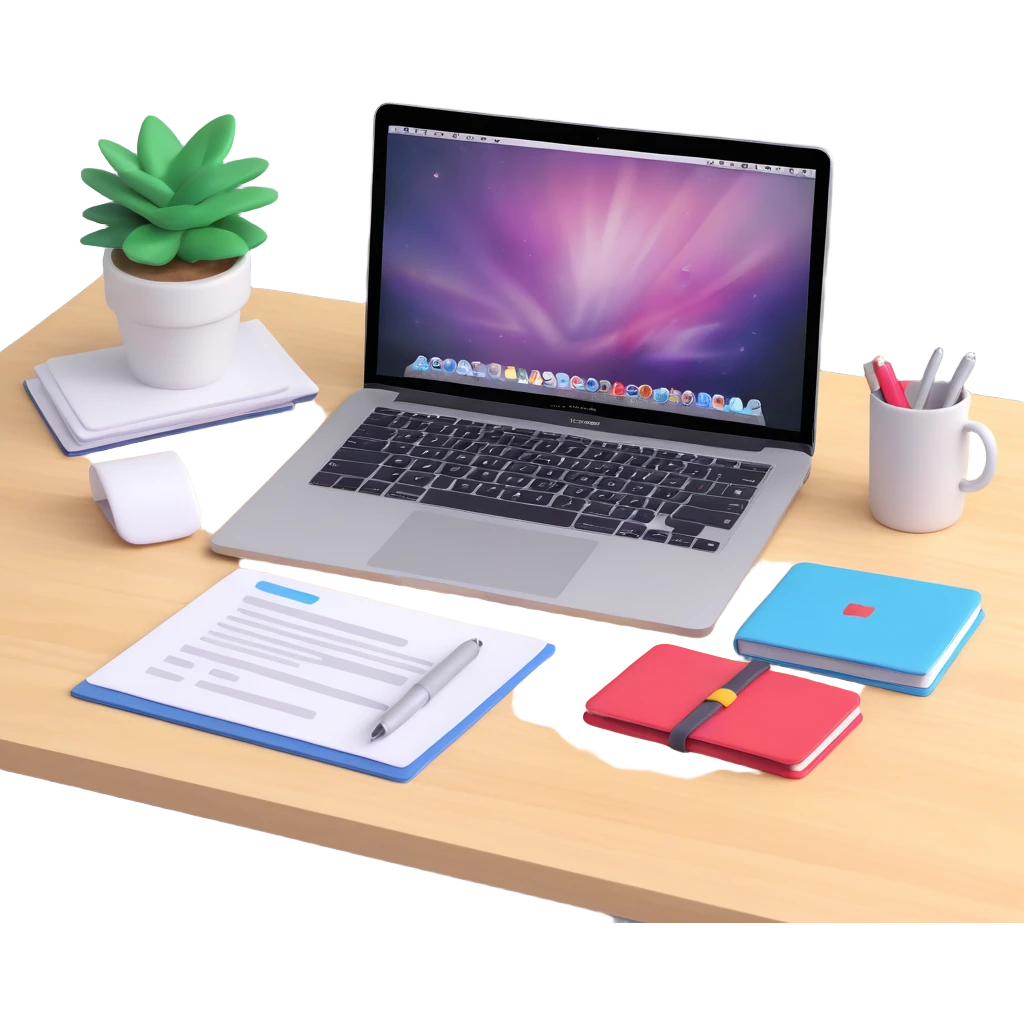 a MacBook on a desk with documents, 3D iOS icon style emoji