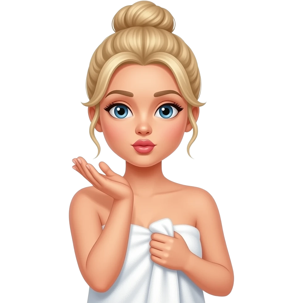 A blonde women wrapped in a towel. Her hair is twisted up in a bun. She is holding the towel up with one hand and blowing a kiss with another. emoji