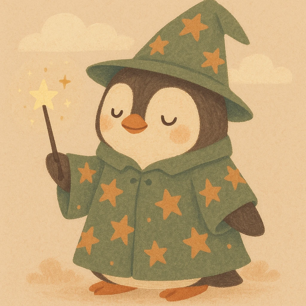 a cute penguin wizard with a starry robe and a wand, casting a spell, cartoon style emoji